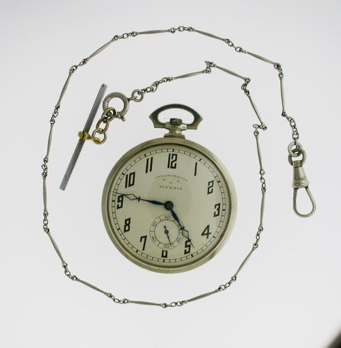 Juvenia Art Deco Nickel Plated Open Face Pocket Watch with Chain Swiss 1925 (1 of 7)