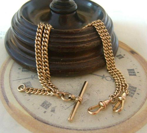 Pocket Watch Chain 1930s 12ct Rose Rolled Gold Double Albert With T Bar (1 of 12) Pocket Watch Chain 1930s 12ct Rose Rolled Gold Double Albert With T Bar (1 of 12)