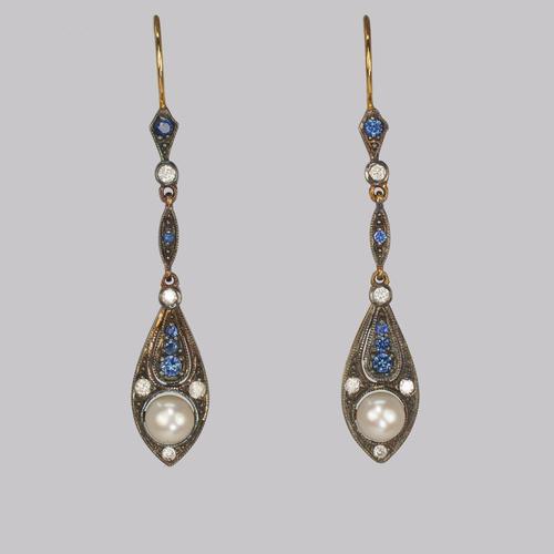 Vintage Pearl, Diamond & Sapphire Dangle 18ct Gold Edwardian Style Drop Earrings (1 of 4)