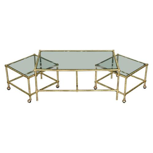 Hollywood Regency Golden Bamboo Coffee Table Set with 2 Side Tables on Castors LA416608
