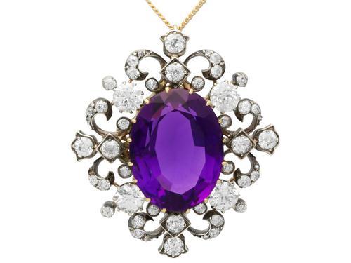 18.25ct Amethyst & 4.43ct Diamond, 9ct Yellow Gold Brooch / Pendant - Antique c.1890 (1 of 20)