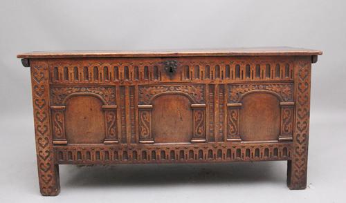 Early 18th Century Carved Oak Coffer with Three Panel Front (1 of 8) Early 18th Century Carved Oak Coffer with Three Panel Front (1 of 8)
