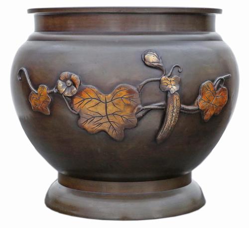 Oriental Japanese Bronze Mixed Metal Jardinière Planter Bowl Censor - Meiji Period c.1910 (1 of 7)