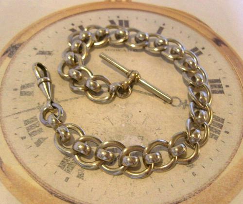 Antique Pocket Watch Chain 1920s Large Silver Nickel Fancy Link Albert With T Bar (1 of 10)