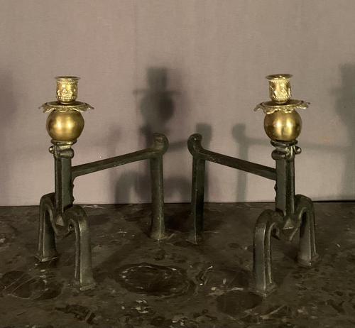 Unusual Decorative French Brass & Steel Fire Dogs with Candle Sconces (1 of 8)