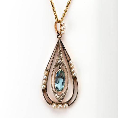 Antique Edwardian Aquamarine Pearl & Diamond Pendant c.1910 (1 of 6)