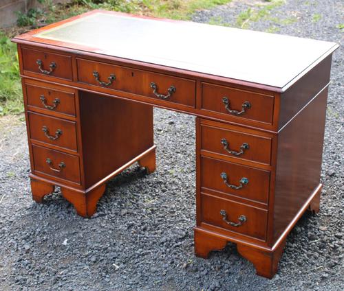 1960s Yew Wood Pedestal Desk with Green Leather Top (1 of 5) 1960s Yew Wood Pedestal Desk with Green Leather Top (1 of 5)