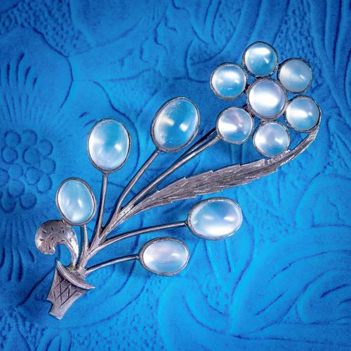 Antique Victorian Moonstone Spray Flower Brooch Silver c.1900 (1 of 5)