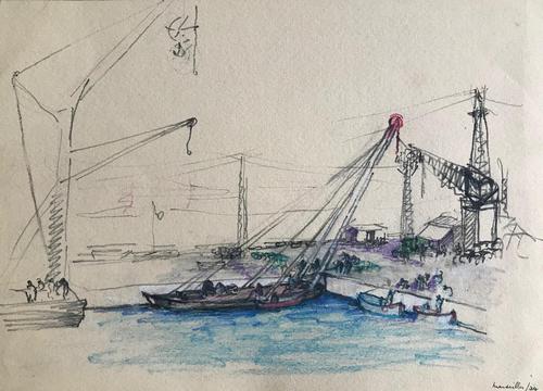 Original pencil and crayon drawing 'Marseilles docks' by Barbara Lady Brassey. 1911-2010. Inscribed and dated 34 (1 of 2) Original pencil and crayon drawing 'Marseilles docks' by Barbara Lady Brassey. 1911-2010. Inscribed and dated 34 (1 of 2)