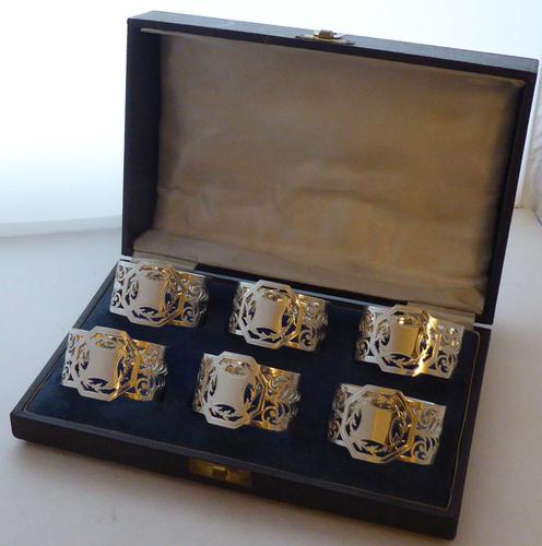 Boxed Set of 6 Sterling Solid Silver Napkin Rings Serviette Ring 173g c.1940 (1 of 6)