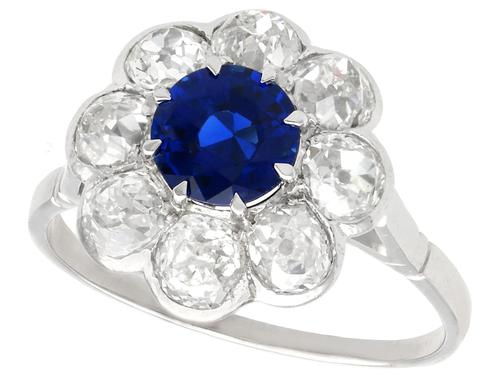 1.08ct Sapphire and 1.60ct Diamond, 18ct White Gold Cluster Ring c.1930 (1 of 9)