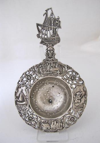 Dutch provincial silver tea strainer with sailing ship maker NL 1935 (1 of 8) Dutch provincial silver tea strainer with sailing ship maker NL 1935 (1 of 8)