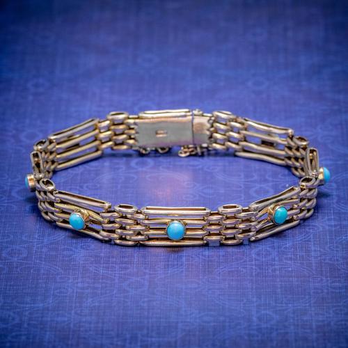 Antique Victorian Turquoise Gate Bracelet 9ct Gold c.1900 (1 of 5)