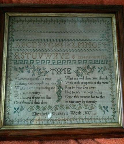 Large Antique Needlework Sampler 1837 Elizabeth Starkey. in Frame 20" x 20" (1 of 12)