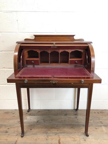 Antique Edwardian Mahogany Inlaid Cylinder Top Desk (1 of 14)