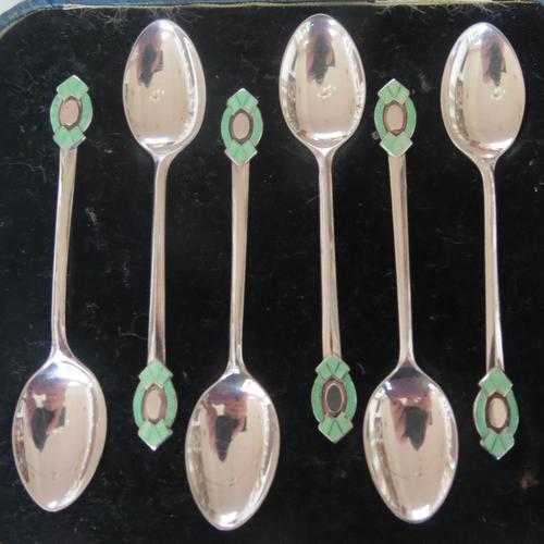 A cased set of silver, green-enamelled coffee spoons in the Art Deco manner (1 of 9)