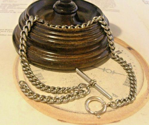 Victorian Pocket Watch Chain 1890s Antique Albo Silver Curb Link Albert With T Bar (1 of 12)