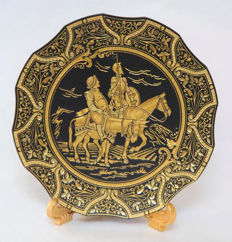 Vintage Hispano-moresque Damascene Gilded Plate with Engraved Don Quixote Scene from Spain (1 of 6)