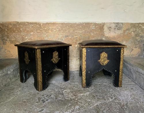 Pair of Moroccan Country House Studded & Leather Upholstered Footstools Seats (1 of 9)