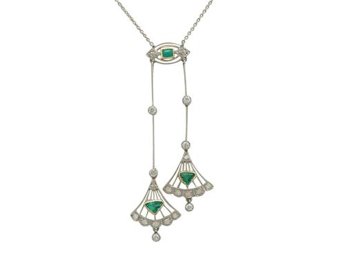 0.25ct Emerald & 0.30ct Diamond, 18ct Yellow Gold Necklace - Art Deco - Antique c.1920 (1 of 9) 0.25ct Emerald & 0.30ct Diamond, 18ct Yellow Gold Necklace - Art Deco - Antique c.1920 (1 of 9)