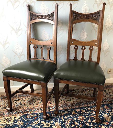 Pair of Arts & Crafts Oak Upholstered Hall Chairs (1 of 6)