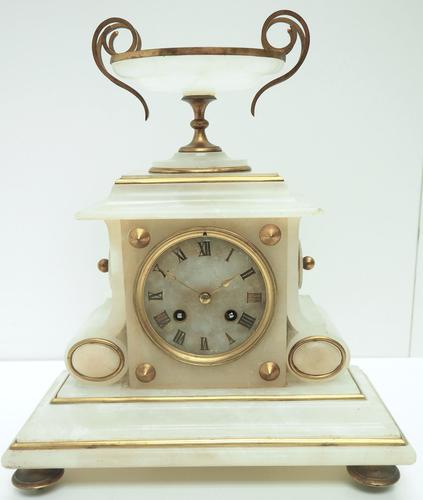 Fine French 8-Day Mantel Clock Alabaster Clock with Ormolu Mounts Striking A Bell (1 of 10)