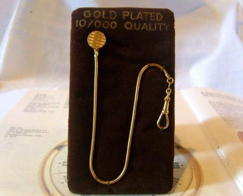 Vintage Pocket Watch Chain 1970s 12ct Gold Plated with Ornate Button Fob Nos (1 of 10)