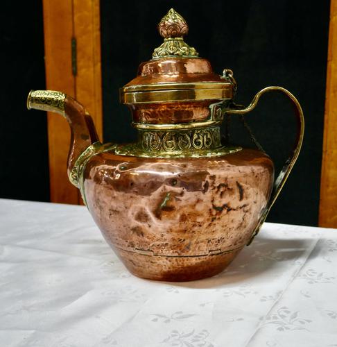 Charming 19th Century Indian Beaten Copper & Chased Brass Tea Pot (1 of 6)