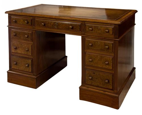 Mahogany Lined, Oak & Burr Walnut Desk (1 of 7) Mahogany Lined, Oak & Burr Walnut Desk (1 of 7)
