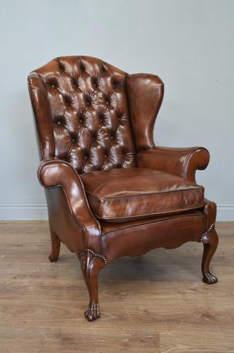 English Antique Leather & Buttoned Wing Armchair (1 of 5)