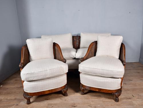 Antique Carved Walnut Bergere Suite Sofa Pair of Chairs (1 of 11)