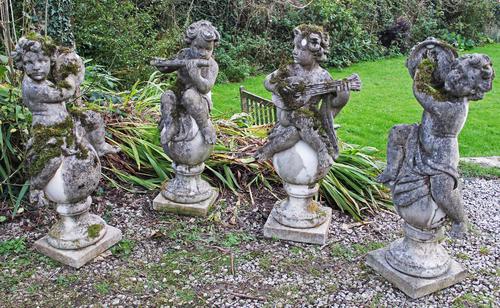 Four Weathered Classical Garden Statue Figures. Putti On Ball Finials (1 of 1)