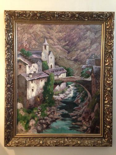 Large Oil Painting on Canvas signed Landscape View of Tabescan Pyrenees Spain (1 of 12)