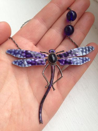 Antique Art Deco Sterling Silver Necklace Enamel & Agate Dragonfly C.1920- 1930s Antique Art Deco Sterling Silver Necklace Enamel & Agate Dragonfly C.1920- 1930s