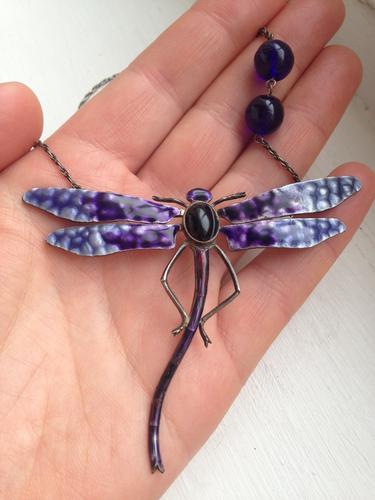 Antique Art Deco Sterling Silver Necklace Enamel & Agate Dragonfly C.1920- 1930s (1 of 13)