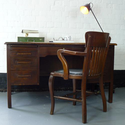 1940s Vintage Oak Twin Pedestal Desk in Good Historic Order (1 of 1)