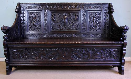 Antique Victorian Carved Oak Hall Seat Settle Monks Bench (1 of 1)