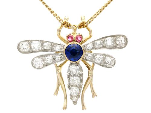 0.45ct Sapphire, 0.92ct Diamond & Ruby, 14ct Yellow Gold Dragonfly Pendant / Brooch - Antique c.1890 (1 of 12) 0.45ct Sapphire, 0.92ct Diamond & Ruby, 14ct Yellow Gold Dragonfly Pendant / Brooch - Antique c.1890 (1 of 12)