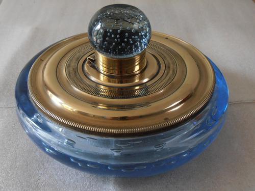 Whitefriars Blue Glass Brass Inkwell c.1920 (1 of 1)