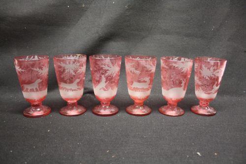19th Century Etched Glass Wine Goblets A late 19th Century red flash cut
