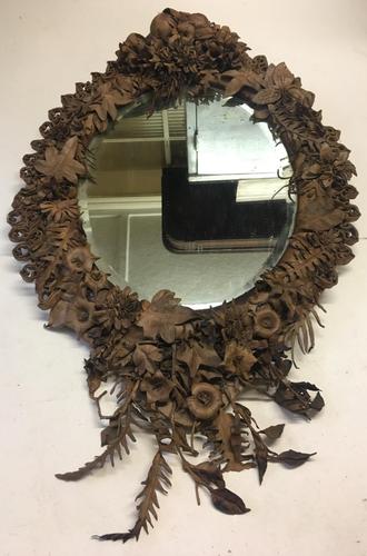 Antique Folk Art Leather Covered Mirror (1 of 1)