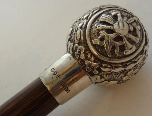 London 1891 Brigg Walking Stick Cane Hallmarked Solid Silver Theatre Pommel (1 of 1) London 1891 Brigg Walking Stick Cane Hallmarked Solid Silver Theatre Pommel (1 of 1)