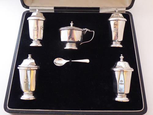 1937 Hallmarked Solid Silver 5 Piece Cruet Set Salt Pepper Mustard Shaker Pot (1 of 1)