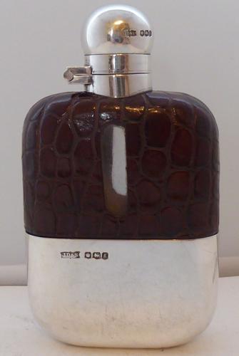 1924 James Dixon Solid Hallmarked Silver Crocodile Skin Bound Hip Flask (1 of 1)