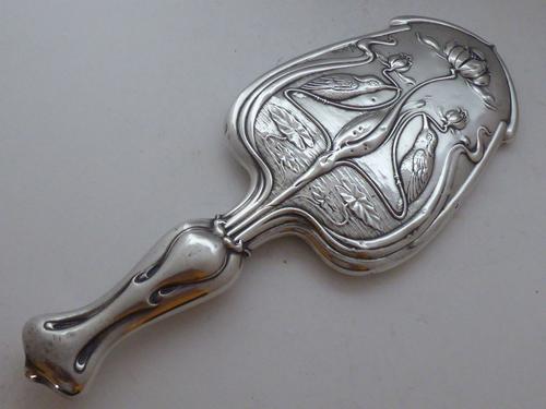 Solid Hallmarked Silver Hand Mirror Kingfishers 1919 (1 of 1)