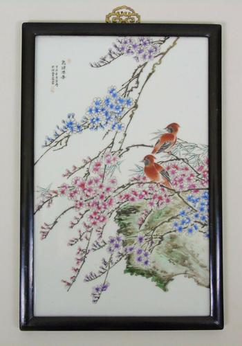 Antique Chinese Porcelain Plaque in Hardwood Frame Birds & Blossom (1 of 6) Antique Chinese Porcelain Plaque in Hardwood Frame Birds & Blossom (1 of 6)