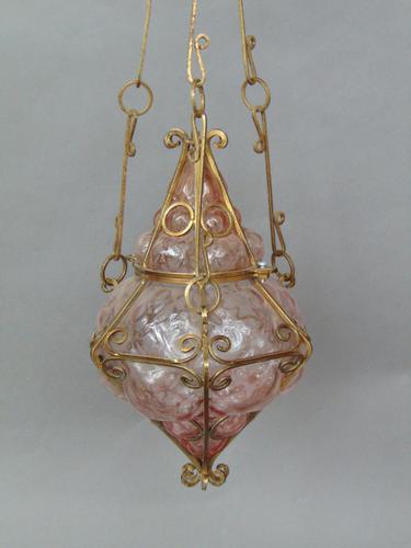 Antique Gilt Metal & Pink Glass Hanging Light c.1910 (1 of 1) Antique Gilt Metal & Pink Glass Hanging Light c.1910 (1 of 1)