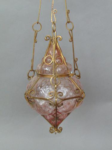 Antique Gilt Metal & Pink Glass Hanging Light c.1910 (1 of 1)