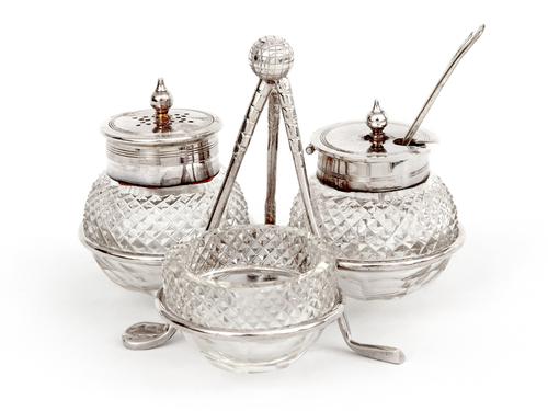 Antique Edwardian Silver Plated Golf Cruet with Three Cut Glass Bottles (1 of 5) Antique Edwardian Silver Plated Golf Cruet with Three Cut Glass Bottles (1 of 5)