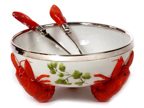 Lobster Bowl with Silver Plate Rim & Pair of Servers c.1920 (1 of 1) Lobster Bowl with Silver Plate Rim & Pair of Servers c.1920 (1 of 1)